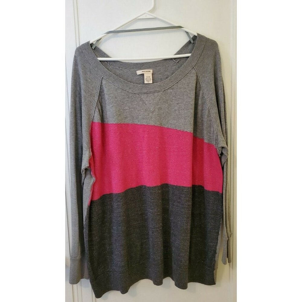 DKNY Womens Sweater 26 28 Cotton Pullover Long Sleeve Gray's Hot Pink Glitter